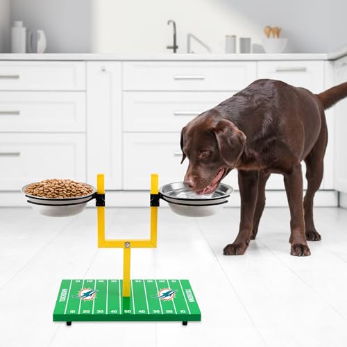 NFL Miami Dolphins Goalpost Football Field Dog Feeder – Adjustable Elevated Dog Bowls with Stand, 2 Stainless Steel Bowls, Non-Slip Rubber Feet, Raised Pet Feeder for Large & Small Dogs, Cats. - Image 3