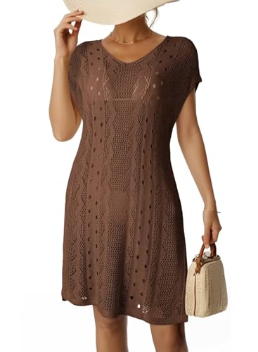 Dokotoo Women's Crochet Cover Up Swimwear Beachwear Scoop Neck Short Sleeve Mini Dress Beach Dress Crochet Coverups for Women