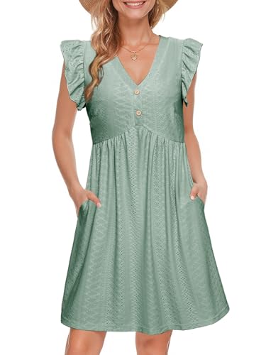 Image of Simplee Womens Summer Short Sundress Casual Ruffle Sleeve Mini Dress 2025 Boho Beach Wedding Guest Eyelet Dresses with Pocket