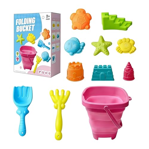 Moxiewell 11 peças brinquedos de praia, reutilizável brinquedos de praia bebé com cubo dobrável, brinquedos de areia de praia, jogo cubo e palhetas de praia para menino menina - rosa