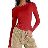Damen Langarmshirt Elegant Oberteil Y2k Fashion Crop Top Sexy Langarm T-Shirt Bluse Aesthetic Clothes(Rot,S)