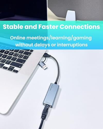 Image of 2.5G USB Ethernet Adapter 2-in-1, Aluminum Fast USB-C&USB-A to RJ45 Network Adapter Compatible with Laptop /PC, Windows, Mac, Linux,Plug & Play