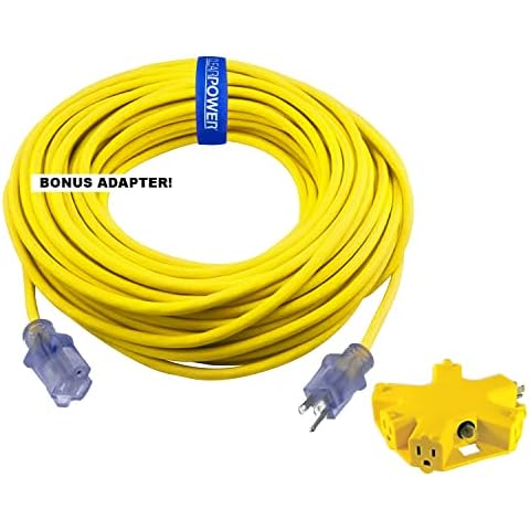 Clear Power 100 ft 12/3 SJTOW Extra Heavy Duty Contractor Grade Extension Cord with 5 Outlet Adapter Combo, Oil Water & Weather Resistant, Flame Retardant, Yellow, 3 Prong Grounded Plug, CPCO90001 Cover