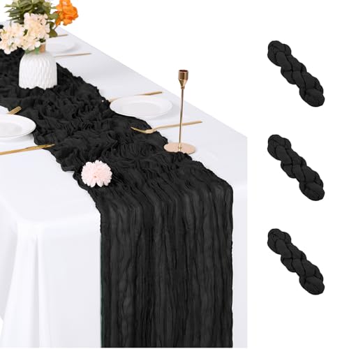 ACSUIT 3 Pack Black Cheesecloth Table Runner 17 x 108 inch Semi Sheer Boho Cheese Cloth Fabric Table Runner Bulk for Wedding Birthday Party Holiday Home Decor (Black)