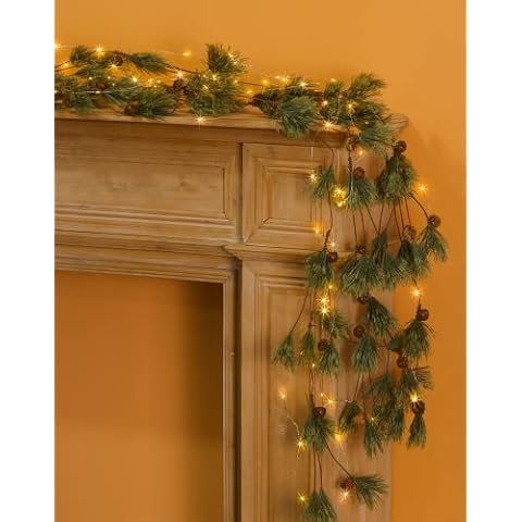 MISSPIN 6 feet Christmas Garland with Led String Lights,Smokey Pine Garland with Vintage Bells for Christmas Decorations Indoor Outdoor(Pine Cones Garland with Led String Lights,1) Cover
