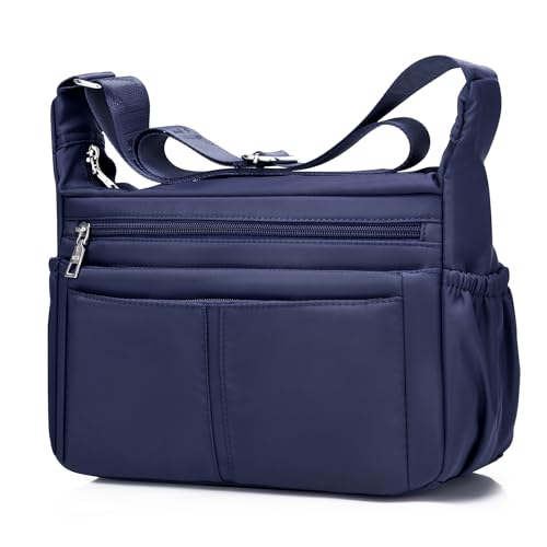 Women Shoulder Bag Multi-Pockets Handbag Water-Resistant Nylon Crossbody Bags Large Purses Lightweight Messenger Bag Sapphire Blue