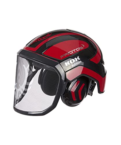 Foto von Protos Forsthelm/Schutzhelm KOX Edition mit Gehörschutz und Visier Integral Forest Schwarz/Rot KOX Edition Schwarz/Rot mit Ätzmetallvisier F39