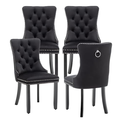 Velvet Dining Chairs, Tufted Kitchen & Dining Room Chairs, Black, Set of 4