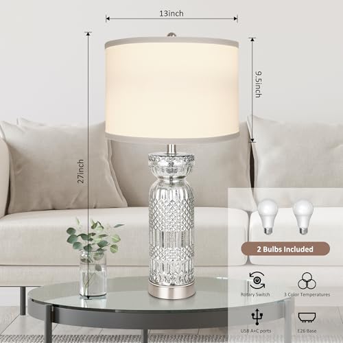 Hamucd STR-DL-0053 Mercury Glass Table Lamps Set Of 2 For Living Room With Usb A+C, 3 Color Temperature Sliver Crackle Lamps With White Shades Decor For Modern Bedroom Bedside Nightstand Crystal Lamps thumb #5