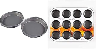 Amazon Basics Nonstick Carbon Steel Cake Pan - 22.8 cm, 2-Pack & Prochef Teflon Non-Stick Premium Coated 12 Cup Muffin Tray - Length 35cm x Width 27cm - Silver