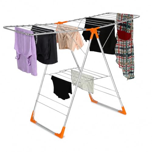 Image of FLIPZON AeroDry Pro Foldable Clothes Drying Stand | Heavy Duty Laundry Drying Rack with Expandable Wings | Rust Resistant | Space Saving Indoor & Outdoor | Silver & Orange