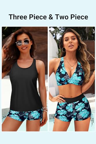 Image of Yonique 3 Piece Swimsuits for Women Athletic Tankini Teen Bathing Suit Tummy Control Modest Swimwear with Boy Shorts