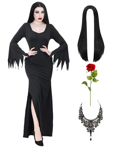 Mrsclaus Addams CA050M - Costume da donna per Halloween, costume da strega, stile gotico, vintage, colore nero, per Addams Family Pipistrello e Parrucca, collana con rose rosse