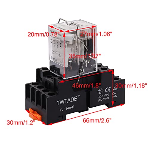 TWTADE/DC 24V Relay 5A Electromagnetic Power Coil Relay 14 Pins 4PDT 4NO+4NC HH54P MY4J with Indicator Light & Socket Base -YJ4N-GS