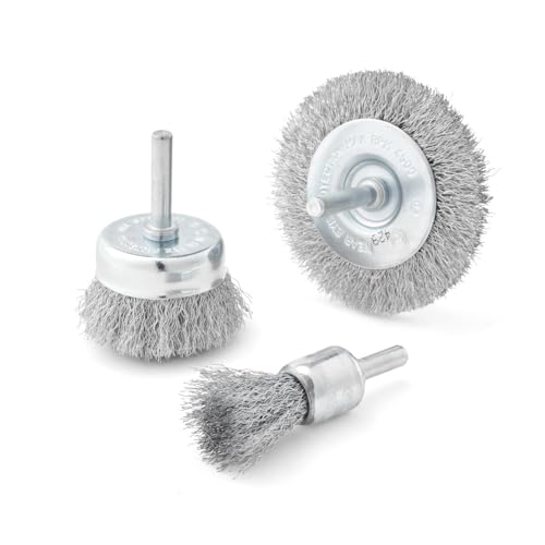 Image of BOSCH WB025V3 3-Piece Wire Brush Set - Crimped Wire Wheel, End Wire Brush & Wire Cup Brush for Efficient Paint, Varnish & Rust Removal - Compatible with Drill /Drivers for Easy Surface Preparation