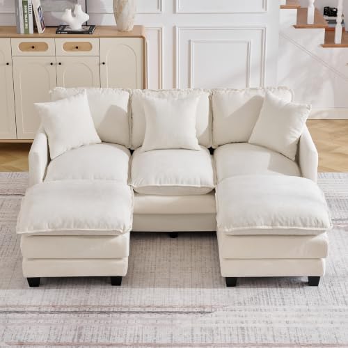 Image of 72'' Cloud 3 Seater Couch with 2 Ottomans, U Shaped Sofa with 3 Throw Pillows, Modern Sectional Couches with Deep Seat, Modular Sofas for Living Room, Bedroom, Small Apartment, Beige