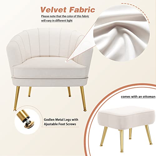 Image of Andeworld Velvet Accent Chair with Ottoman, Barrel Armchair, Beige | Velvet Upholstery Side Chair, Includes Ottoman, Golden Metal Legs, 350 Lb Capacity, Living Room Bedroom Office