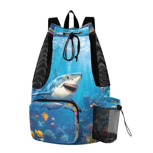 Mesh Gym Swimming Bags for Men & Women, Sea Ocean Shark Fishes Large Drawstring Backpack with Dry-Wet Pocket, Lightweight Gym Bag for Sports, Travel, Beach, Workout Gear