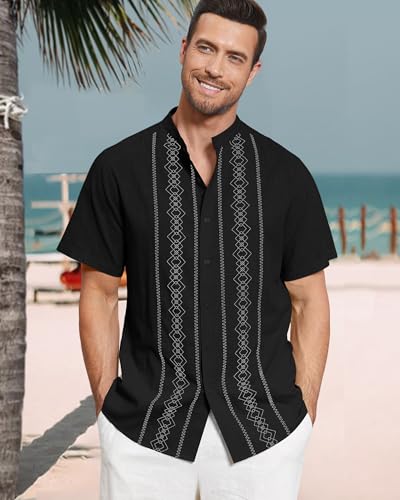 Cuban Guayabera Shirts for Men Short Sleeve Casual Button Down Shirt Band Collar Beach Camp Mexican Shirt2