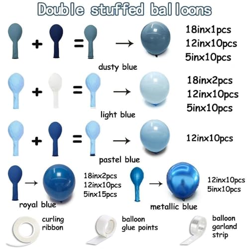 Image of Dusty Blue Balloon Arch Double Stuffed Light Dark Blue Balloons Different Size Blueberry Balloon Garland Kit for Baby Shower Birthday Wedding Bridal Graduation Party Decorations