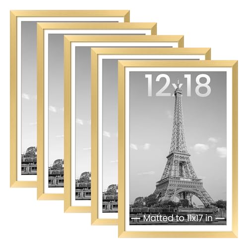 Image of upsimples 12x18 Picture Frame Set of 5, Display Pictures 11x17 with Mat or 12 x 18 Without, Wall Gallery Poster Frames, Gold