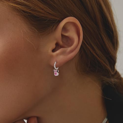 Sterling Silver Pink CZ Mouse Dangle Hoop Earrings - Sparkling Mini Cute Bow Earrings - Minnie Animal Princess Huggie Jewelry Gifts for Women or Daughter Birthday4