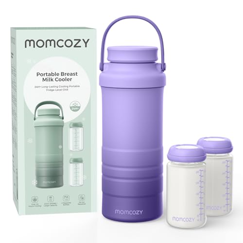 Image of Momcozy 22oz Portable Breast Milk Cooler for Outdoor, Life Saver with 360° Total Cooling for 24 Hours, Larger Capacity Travel Breastmilk Chiller with 2pcs Baby Bottles for Breastmilk Storage, Purple
