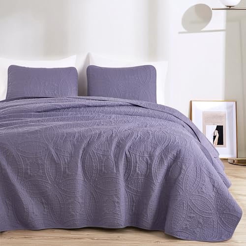 Image of Chezmoi Collection Austin Queen Oversized Bedspread Set, 3-Piece Pinsonic Quilted Lightweight Microfiber Bedspread Coverlet, Dusty Purple