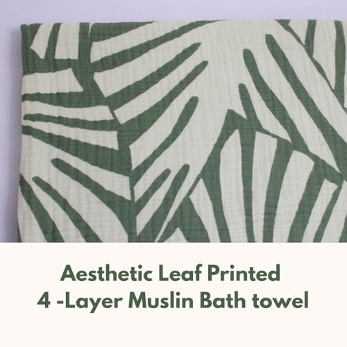 Image of BIGMOON 100% Muslin Baby Crinkled 4-Layer Bath Towel | Large 70 x 145 cm Soft & Breathable Towel for Newborn Baby | Green Leaf Printed Muslin Bath Towel, Baby Towel | 0-3 Years+, Pack of 1