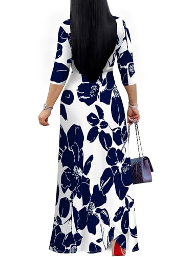 Image of Women's V Neck Floral Maxi Dress 3 /4 Sleeve Plus Size Boho Wrap Flowy Long Dresses with Belt