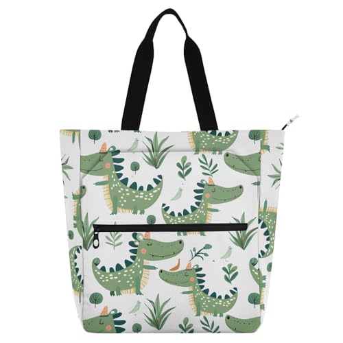 Kids Tote Bags for Boys Girls Ages 4-16, Crocodile Green Leaves Handbags Book Tote Bags with Zipper for School and Playtime