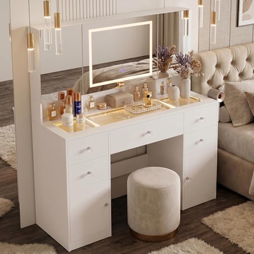 Image of YESHOMY Makeup Table with Power Outlet and Hair Dryer Holder, 3 Folden Mirror with Hidden Storage Shelves, 3 Drawers and 2 Storage Cabinet, for Bedroom, White
