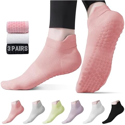 Oziral Yoga Socks with Grips for Women Non Slip Pilates Socks Grip Socks for Pure Barre, Ballet, Dance (3 Pairs, Black/White/Pink) Cover