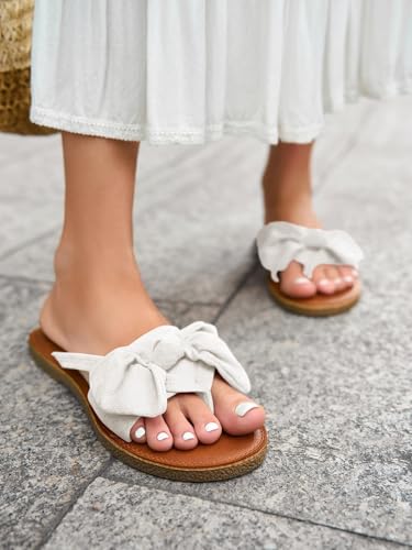 Image of FISACE Womens Bow Flat Sandals Flip Flops Slide Sandals Summer Beach Shoes