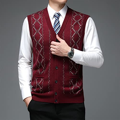 Mens Sleeveless Cardigan Argyle Vest V-Neck Wool Blend Stitching Sweater Vests Middle-Aged And Elderly Jacquard Waistcoat (Red,Large) #TOP2