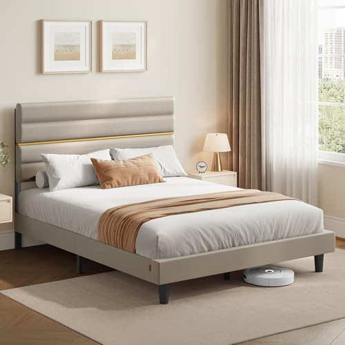 VASAGLEMarco de Cama Matrimonial, Marco para Colchón de 160 x 200 cm, Cabecero Acolchado Ajustable, Metal y Madera, Estilo Moderno, Beige Cappuccino RMB505LH01