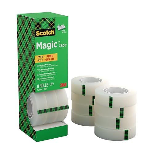 Scotch Magic Tape Value Pack 8 Rolls 19 mm x 33 m - Invisible Tape For Christmas Gift Wrapping Labelling Christmas Cards and Presents Essential Christmas Supplies