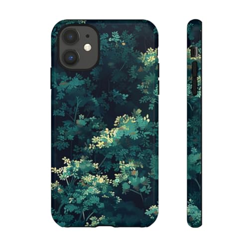 Coque rigide brillante motif feuillage vert foncé pour iPhone 11