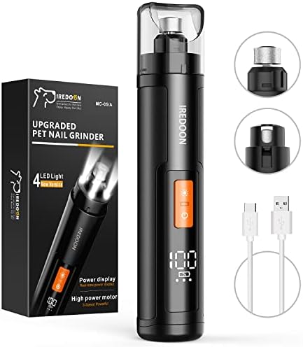 IREDOON Pet Dog Nail Grinder, Professional 3-Speed Mode Electric Rechargeable Pet Nail Trimmer Clipper with 4 LED Lights - Black