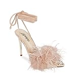 Liliana Women Pointy Toe Feather Fur Lace Up Pumps (Nude, US Footwear Size System, Adult, Women, Numeric, Medium, 9)