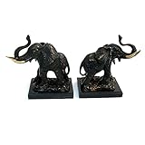 Bey-Berk R18P Cast Metal Elephant Bookends with Bronzed Finish on Black Marble Base