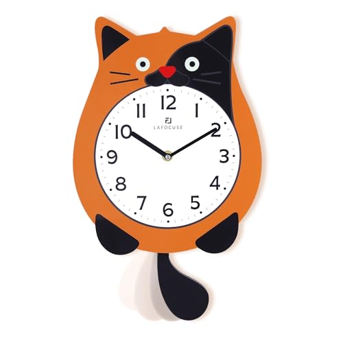 Lafocuse Horloge Murale Orange Chat Design avec Pendule Queue de Chat, Originale Pendule Murale...