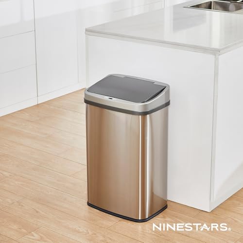 Image of Ninestars Stainless Steel Dzt-50-28Br Automatic Touchless Motion Sensor Oval Trash Can, Black Top, 13 Gal. 50 L, Brush
