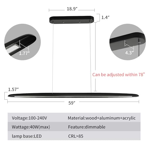 Image of YISDESIGN 59inch Integrated Led Pendant Light 40w Dimmable Wood Black Linear Pendant Lighting Led Modern Island Light with Black Finish for Living Room Dining Room Billiard & Pool Lights