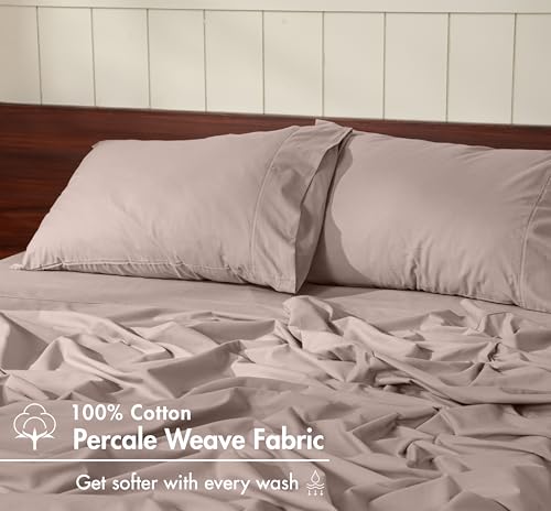 Image of RUVANTI 100% Cotton Percale Sheets Full - Crisp Cooling Summer Bed Sheets for Hot Sleepers, Deep Pocket 14 inch, Soft Peach Finish, Breathable & Durable Hotel-Style 4 Piece Set, Soft Mocha
