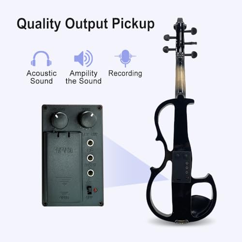 Image of Vetimobato Electric Violin 4 /4 Full Size Solid Wood Silent Violin Set for Adults Beginner Practice Electric Fiddle with Ebony Fittings Hard Case & Bow(5 String Black)