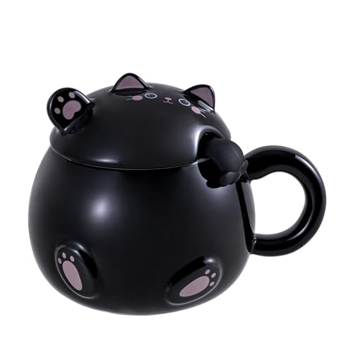 Urban Tokyo Whimsical Cat Mug Adorable Coffee Mug Ceramic Cup Novelty Mug with Lid and Stainless Steel Spoon 15 fl oz Lovely Kitten Neko (Black)
