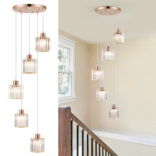 Image of LXWNYY Gold Modern Crystal 5-Light Pendant Ceiling Light, Adjustable Height, Flush Mount for Dining Room, Kitchen, Bedroom, Hallway, Lounge