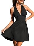 CUPSHE Damen Sommerkleid Neckholder Kleid Elegant Rückenfrei Sexy V Ausschnitt Gesmokt Taille A Linie Minikleid Strandkleid Partykleid Schwarz L