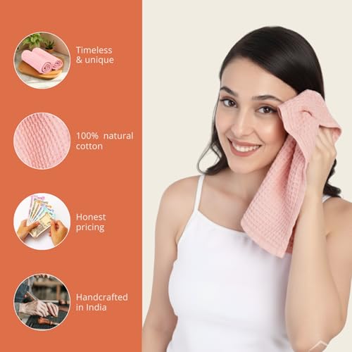 Image of HAMELIN The Ezra Waffle Face Towel Set | Cotton Lightweight Anti Microbial & Water Absorbent | Softer Touch Quick Drying Towels | Durable & Long Lasting | Pink | 31 cm x 31 cm | Pack of 2